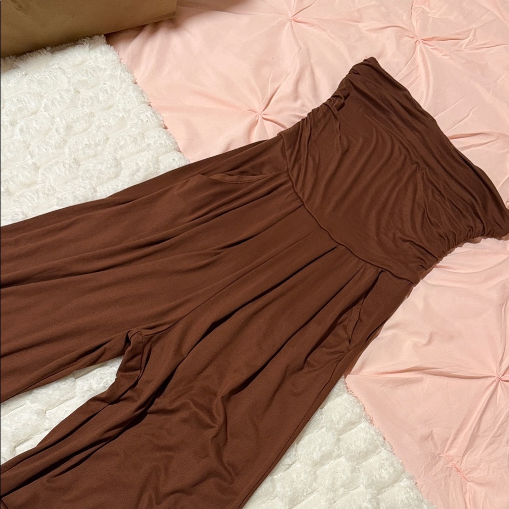 Wide-Leg Strapless Jumpsuit in Chocolate Brown